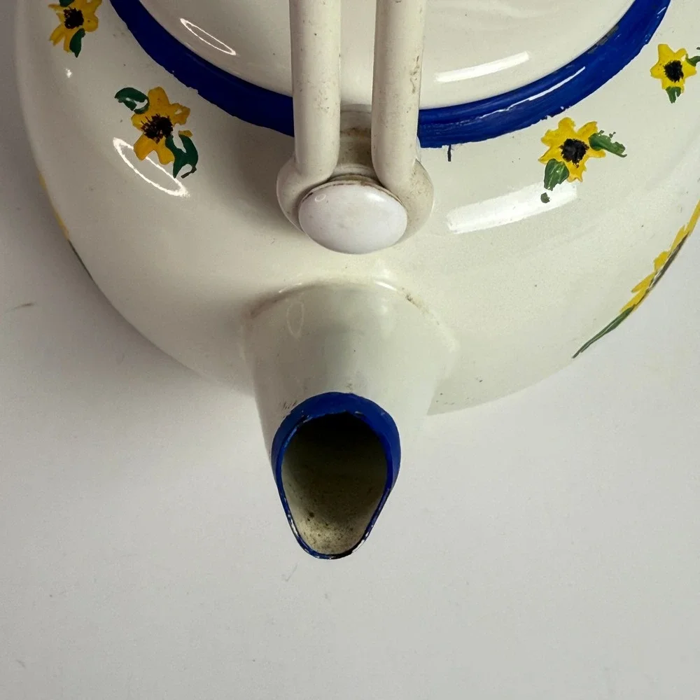 White Enamel Sunny Golden Yellow Sunflowers Tea Kettle Blue Trim Wood Handle